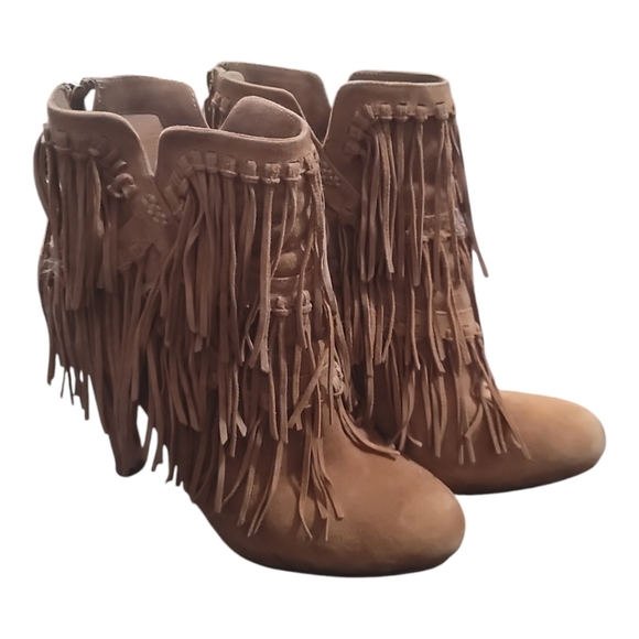 Jean Michelle Cazabat pepe tan fringe suede leather ankle boots booties 38.5 8.5 - Picture 2 of 11